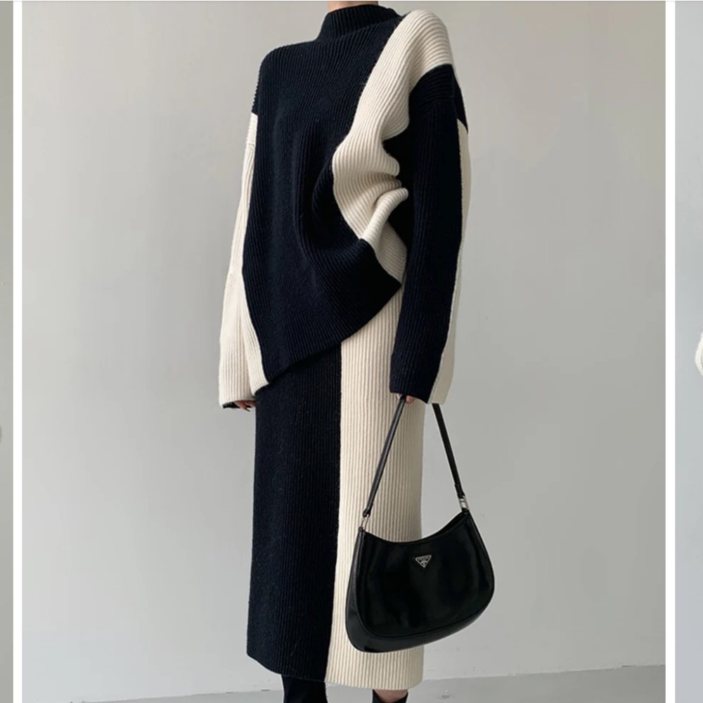 COMMENSE Miss Paris Stripe Two Piece Knit Skirt Set, Black White Size M - Picture 2 of 9